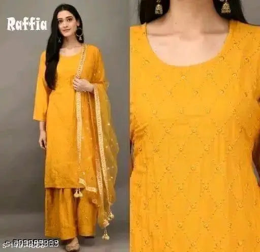 Yellow cotton Kajukatri embroidered duppata and kurta set for women, three-quarter sleeves, suitable for functions, receptions, weddings, embellished stitch type. Available sizes: S (36in bust, 14in shoulder), M (38in bust, 14in shoulder), L (40in bust, 15in shoulder), XL (42in bust, 15in shoulder), XXL (44in bust, 16in shoulder), XXXL (46in bust, 16in shoulder), 4XL (48in bust, 17in shoulder). Origin: India