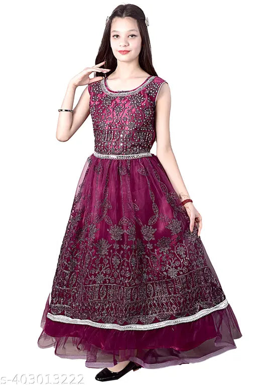 Sleeveless embellished net party dress for girls (ages 10-16), Indian origin. Quality could be improved with sequins or shimmer