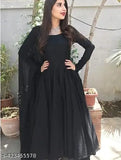 Elegant black georgette gown with dupatta, long sleeves and 50" length - trendy women's fashion from Meesho by Maitri Creation