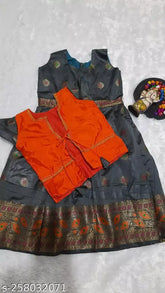 Acrylic lehenga with floral print on jacquard fabric, short sleeves, stone details. Beautiful kids ethnic wear from GV PRESENTS, Indian origin" (125 characters)