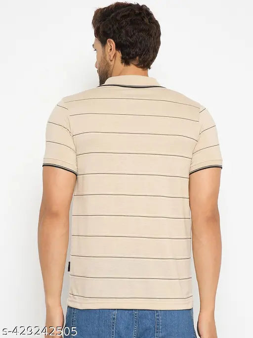 Camel stripe cotton blend men's polo t-shirt, short sleeves, India origin