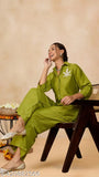 WineRed women's solid green leaf embroidered polyester co-ord set with 3/4th sleeves, self-tie up front, slip-on closure, and one pocket