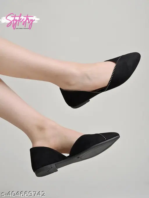 Black suede pointed toe flat belly shoes for women & girls, rhinestone embellished slip-on ballerinas, stylish holiday footwear