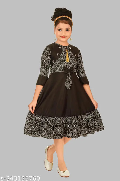 Black cotton blend printed frock for girls, three-quarter sleeves, casual everyday wear, India origin