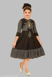 Black cotton blend printed frock for girls, three-quarter sleeves, casual everyday wear, India origin