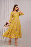 Stylish rayon printed flared Anarkali kurta, three-quarter sleeves, vibrant Indian ethnic wear for women