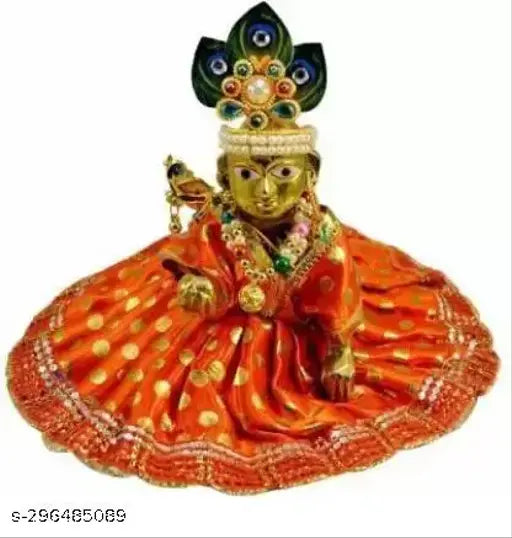 Gold-plated Brass Laddoo Gopal Idol with Dress Combo, handcrafted Krishna statue for Janmashtami Pooja (8"x8"x5")
