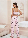 Multicolor printed satin crop top and pyjama set with heart print, ideal for women's nightwear