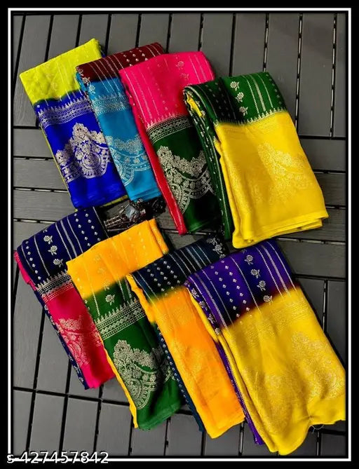 Chiffon Georgette saree with foil print, perfect for parties or daily wear. Rich pullu and printed border blouse in free size (length: 5.5m, blouse length: 0.8m), made in India