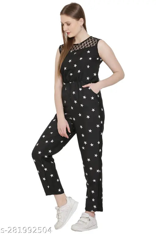 Stylish printed net jumpsuit in poly crepe fabric, sleeveless, available in sizes S-XL