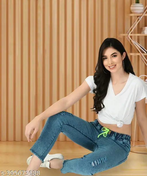 High-waisted stretchable blue denim jogger jeans for women, high-quality Indian fabric with tie-ups, size 32-46