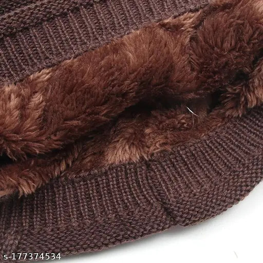 Dark brown woolen beanie cap - warm, anti-allergic, and perfect for men's casual or formal winter outfits (Alexvyan Hat NC)