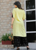 Yellow Rayon Kurti Sharara Set: Solid design, three-quarter sleeves, pack of 2 in various sizes (M, L, XL, XXL), featuring handwork on the kurti yoke and net on shararas, Indian origin