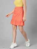 Orange cotton skirt, solid pattern, elastic waist, flared hem, Kingly schiffy fabric, above knee length