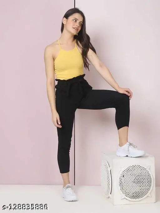 Cotton Lycra solid belt pants for women and girls, casual wear in various sizes from 26-36 inches waist and 38 inches length