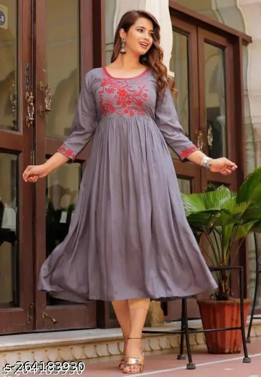 Gray rayon three-quarter sleeve embroidered top, Indian made, S to 5XL sizes available