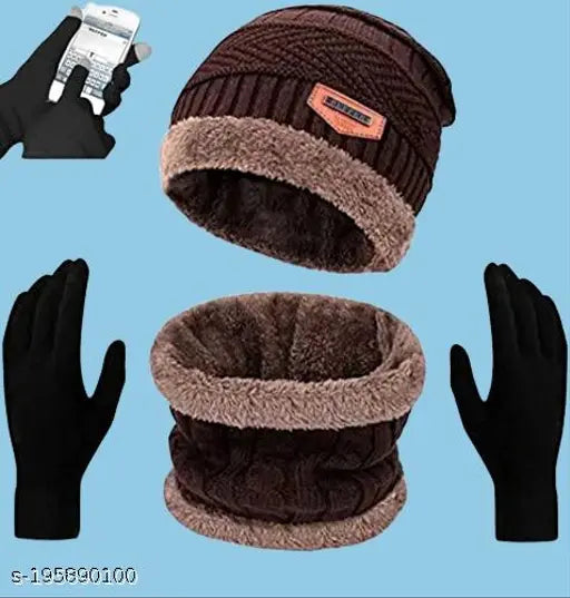 Woolen winter cap and gloves set, onesize, perfect for cold weather outdoor activities or daily use. Comfortable and stylish beanie hat with soft fur lining. Made in India