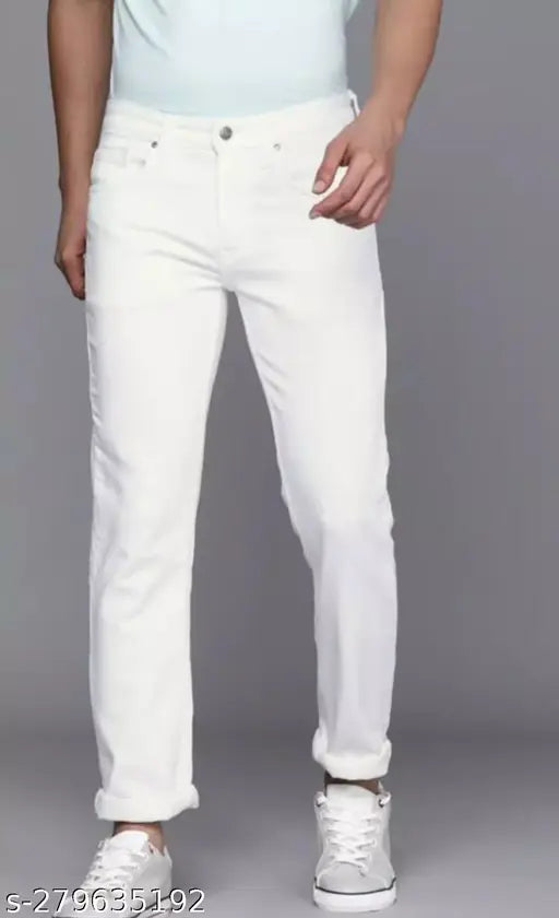 White polycotton solid jeans, comfortable & soft slim fit for men & boys in sizes 28, 30, 32. India-made stylish white denim pants on hanger