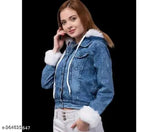Blue denim women's jacket, solid color, long sleeves, size S (bust 36in, length 20in), made in India