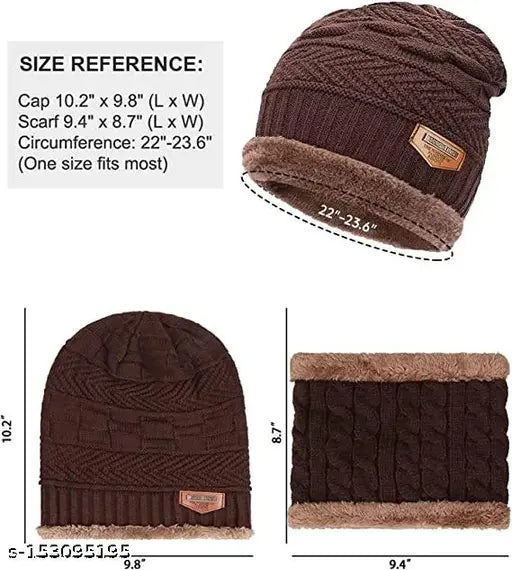 Brown woolen unisex beanie cap with skull design, knit neck warmer, and scarf - ideal for cold weather and outdoor activities. Made of premium quality wool. Indian origin