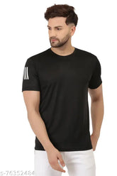 Black Dri Fit nylon active T-shirt for men, solid pattern with short sleeves and seven pieces in size S, M, L, made in India