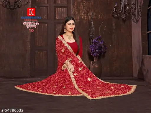 Pure weight less Bandhni Chundri print saree with zari and stone work in Georgette, free size (5.5m length, 0.8m blouse)