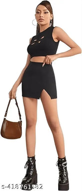 Black cotton blend high-waisted pencil skirt with elastic waistband and slit, versatile for formal or casual wear