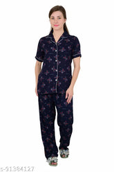 Rayon printed half sleeve night suit set (shirt & pyjama) for women & girls, stylish and comfortable sleepwear from India