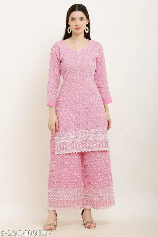 Women's pink cotton blend kurta with embroidered net palazzo set, three-quarter sleeves, pack of 2 (S-XXXL), ethnic wear for various occasions
