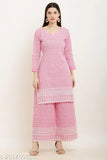 Women's pink cotton blend kurta with embroidered net palazzo set, three-quarter sleeves, pack of 2 (S-XXXL), ethnic wear for various occasions