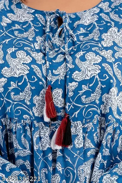 Plus size cotton long kurti, three-quarter sleeves, printed combo. Gathered design for bold, stylish look. Available in XL to 10XL sizes