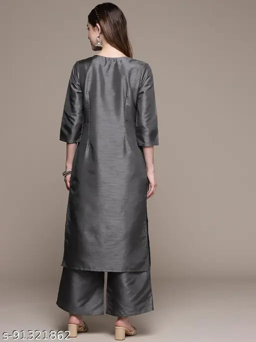 Dark grey poly silk Kurta & Palazzo set: printed net, three-quarter sleeves, India-made