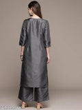 Dark grey poly silk Kurta & Palazzo set: printed net, three-quarter sleeves, India-made