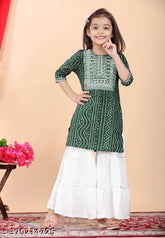 Girls Bandhani Kurta and Palazzo set, printed rayon with embroidery work. A-line top and sharara bottoms for sizes 5-12 years old, made in India