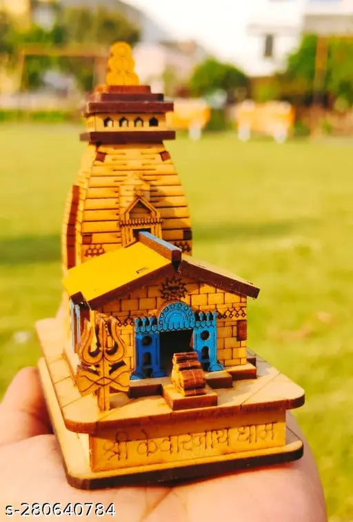 Handcrafted wooden Kedarnath temple statue in brown color for home decor, office, or gift use. Detailed 3D model of Shree Kedarnath ji Mahadev Mandir