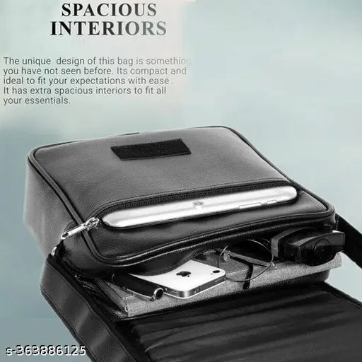 Black synthetic men's sling bag with 4 compartments for outdoor use, adjustable shoulder strap, ideal for hiking or traveling