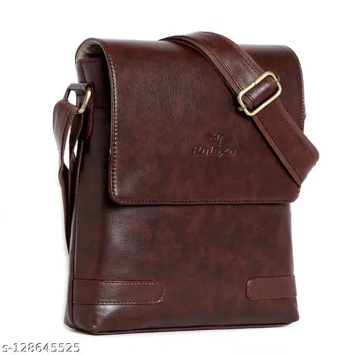 Synthetic leather men's crossbody slingbag, 2 compartments, solid pattern, free size (10"L x 3"W x 8"H), perfect for travel or work