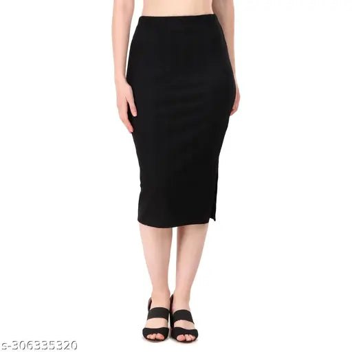 Black cotton ribbed pencil skirt with side slit and elastic waistband for women's parties or casual wear. Sizes: 26, 28, 30, 32, 34 (India origin)