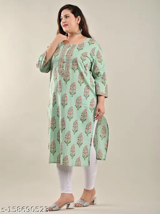 Green Swasti Women's Printed Cotton Straight Kurta with Three-Quarter Sleeves and printed combo, showcasing Indian craftsmanship for sizes XXL, XXXL, 4XL, 5XL, 6XL, 7XL, 8XL, 9XL