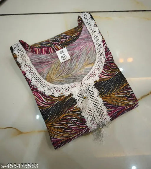 Wool printed kurti with lace work, three-quarter sleeves in vibrant Indian design, machine washable