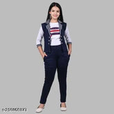Cotton blend three-piece dress set for girls: 8-9 years printed dress, 9-10 years casual, 10-11 fancy, 11-12 partywear, 12-13 koti. Trendy, latest fashion wear with white t-shirt and navy koti & pants. Indian origin