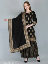 Rayon straight black festive gold Gharara Kurta Dupatta Set on model, traditional Indian women's attire for all festivals