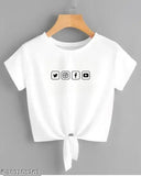 White Lycra crop top with knot detail and printed net pattern, short sleeves for women's fashion. S-XL sizes available, Made in India