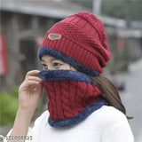 Wool beanie cap set, free size with neck muffler and scarf, warm winter essential for women