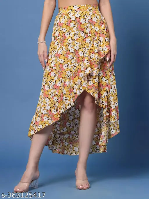 Yellow crepe printed net A-line skirt by OOMPH, high low wrap style with ruffles, size XS (30/38/32)