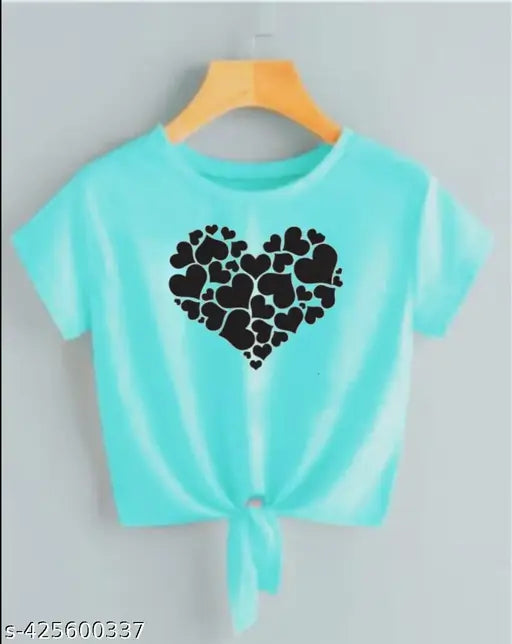 Sea Green Lycra crop top & t-shirt for women with more heart printed design, short sleeves on model