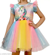 Multicolor net unicorn dress, colorblocked and short-sleeved for infants, 0-3M to 3-6M, Indian origin