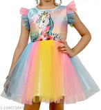 Multicolor net unicorn dress, colorblocked and short-sleeved for infants, 0-3M to 3-6M, Indian origin