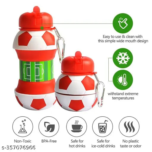 Red Silicone Kids Water Bottle - 500ML Leak Proof, Football-inspired Design, BPA Free, Portable, Unbreakable