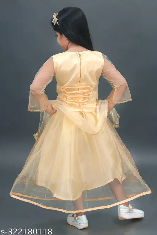 Embroidered net lehenga choli with long sleeves and matching net dupatta for children (8-11 years), Indian handcrafted traditional wear